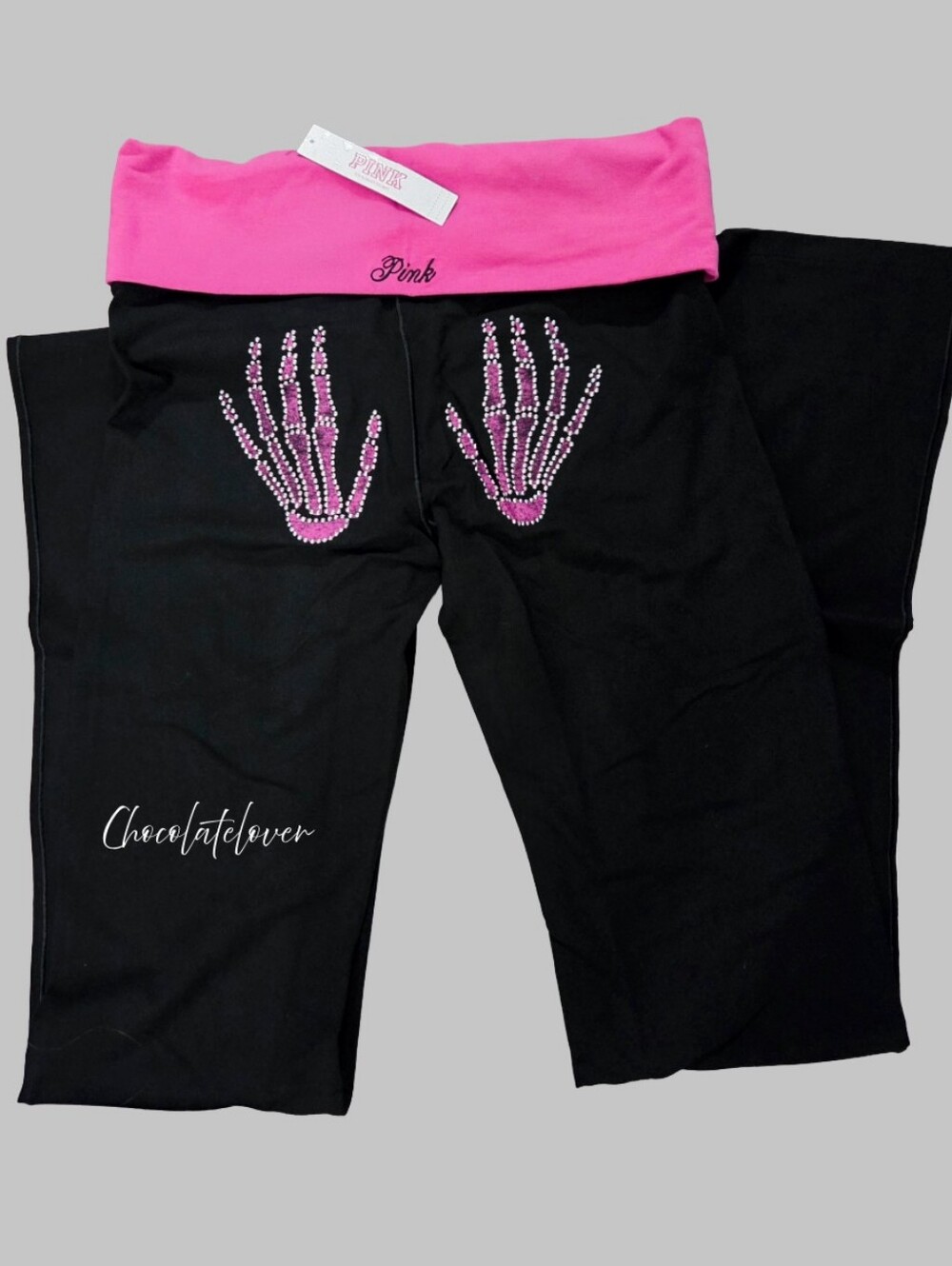 Victoria's Secret PINK Bling Foldover Flare Leggings Skeleton Hands SMALL